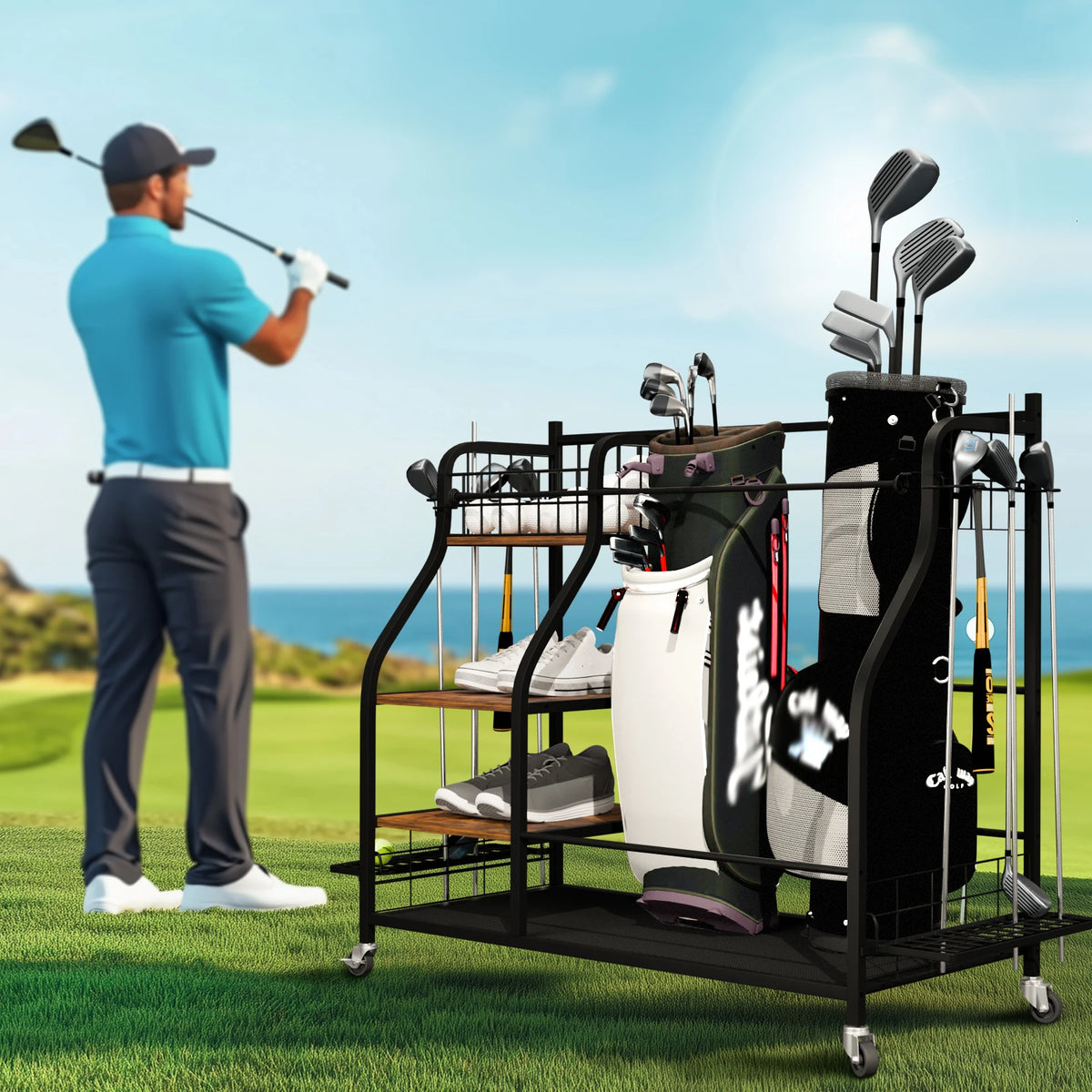 Metal Rolling Golf Bag Storage Rack With Three Tiers