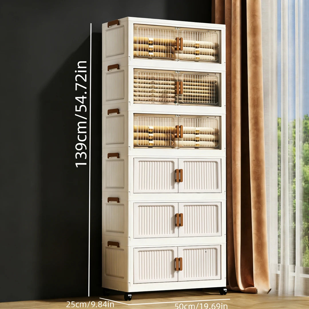 Foldable Stackable Plastic Storage Cabinet With Clear Doors On Wheels