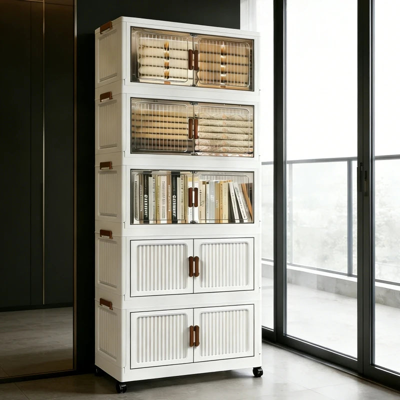 Foldable Stackable Plastic Storage Cabinet With Clear Doors On Wheels