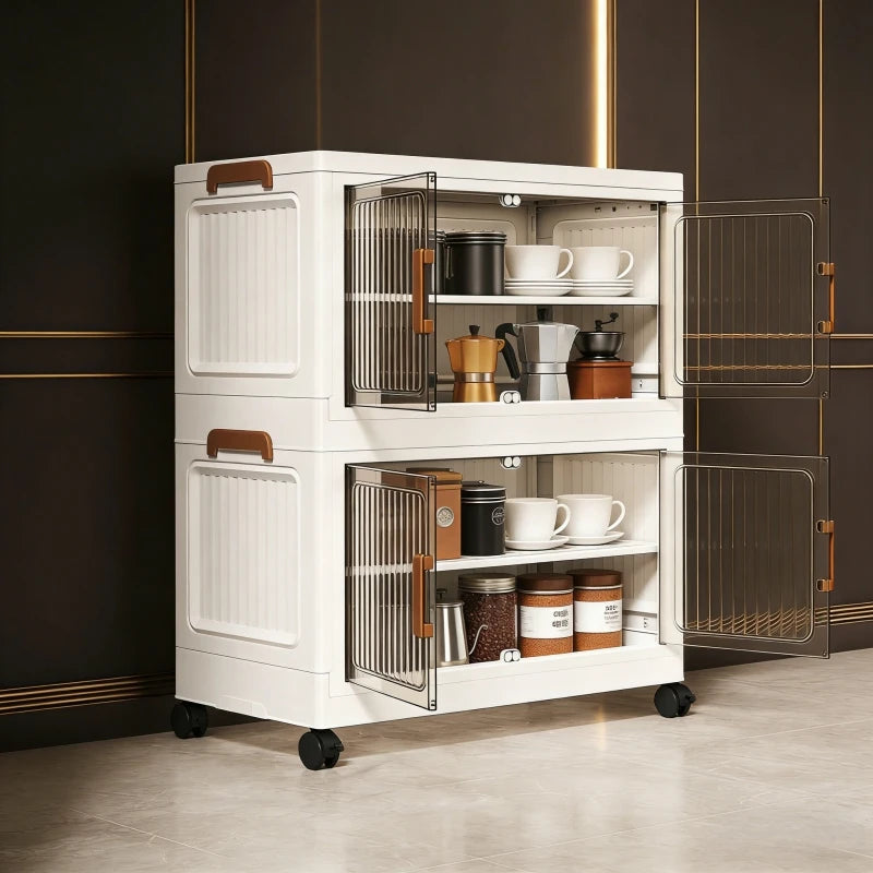 Foldable Stackable Plastic Storage Cabinet With Clear Doors On Wheels