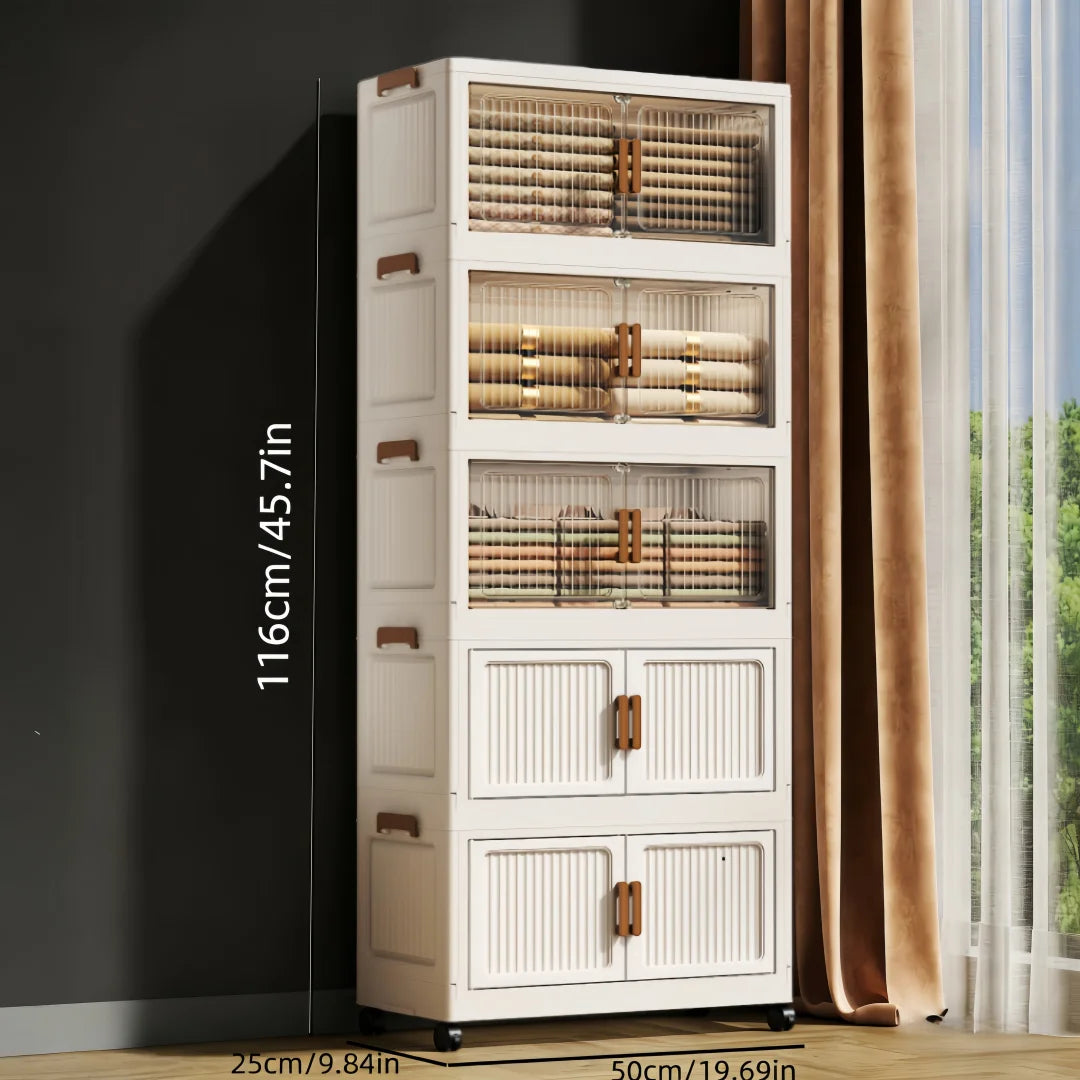 Foldable Stackable Plastic Storage Cabinet With Clear Doors On Wheels