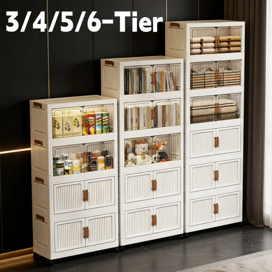 Foldable Stackable Plastic Storage Cabinet With Clear Doors On Wheels