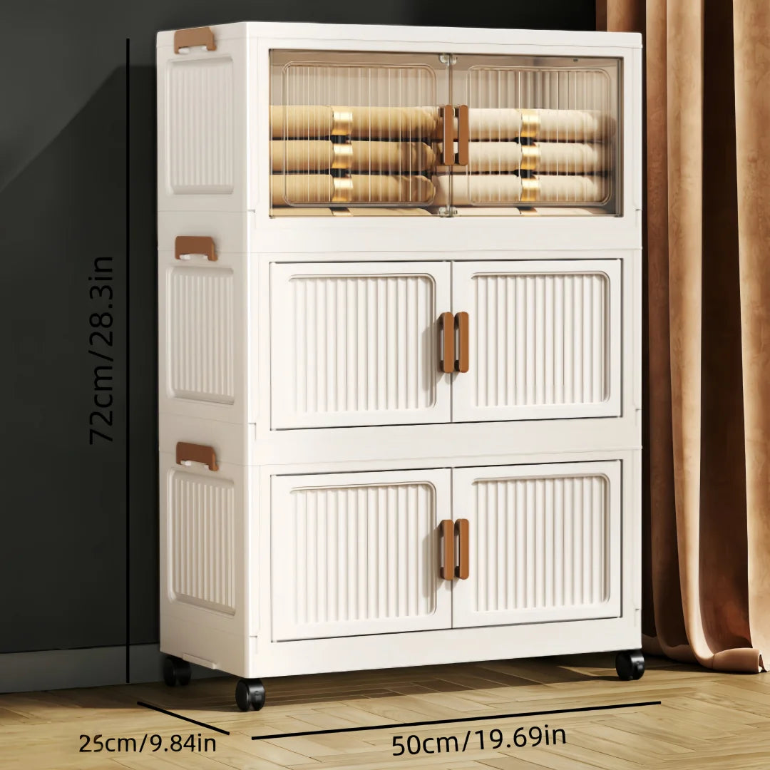 Foldable Stackable Plastic Storage Cabinet With Clear Doors On Wheels