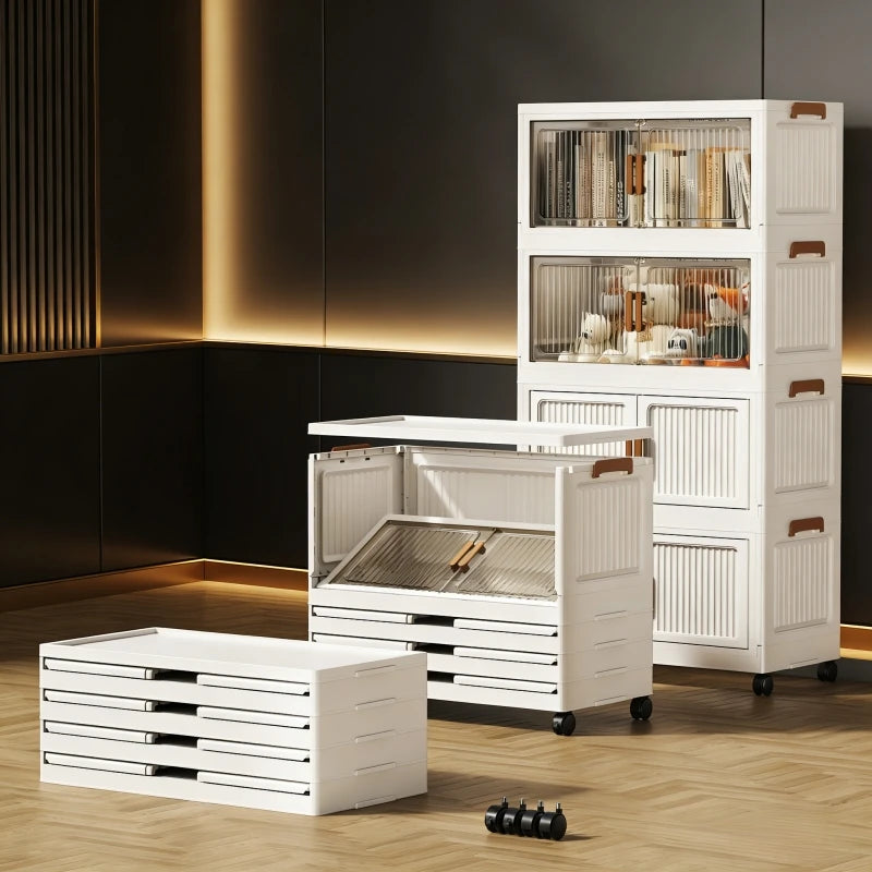 Foldable Stackable Plastic Storage Cabinet With Clear Doors On Wheels
