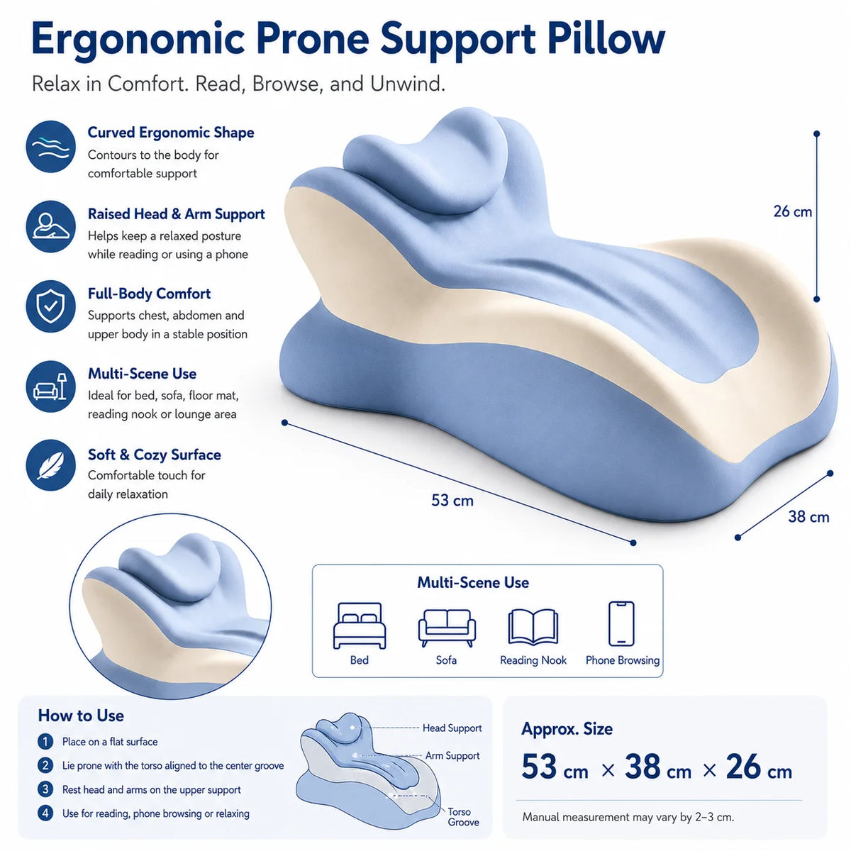 Ergonomic Memory Foam Stomach Reading Pillow With Removable Headrest
