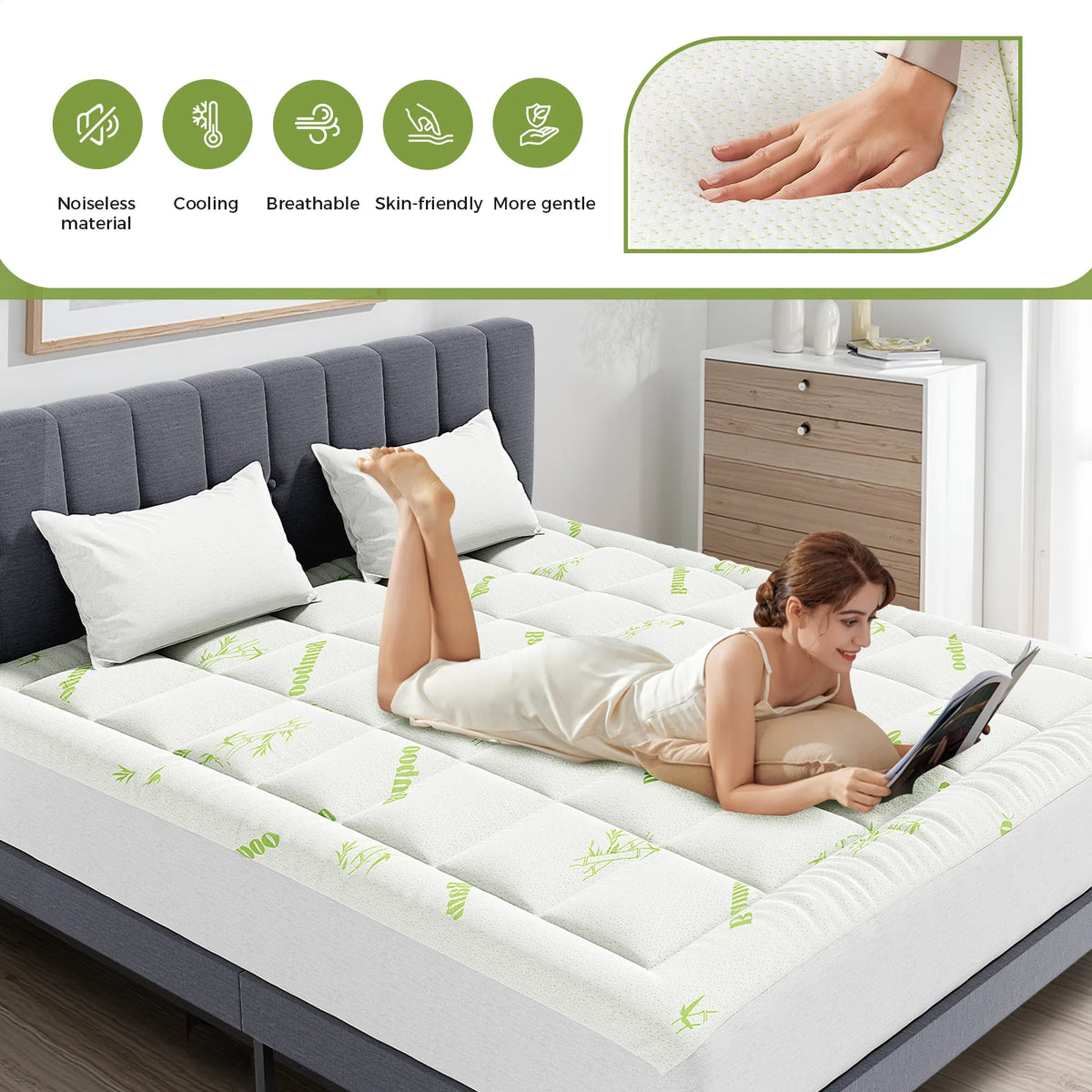 JHK Bamboo Latex Mattress Topper With Deep Pockets Cooling Layer