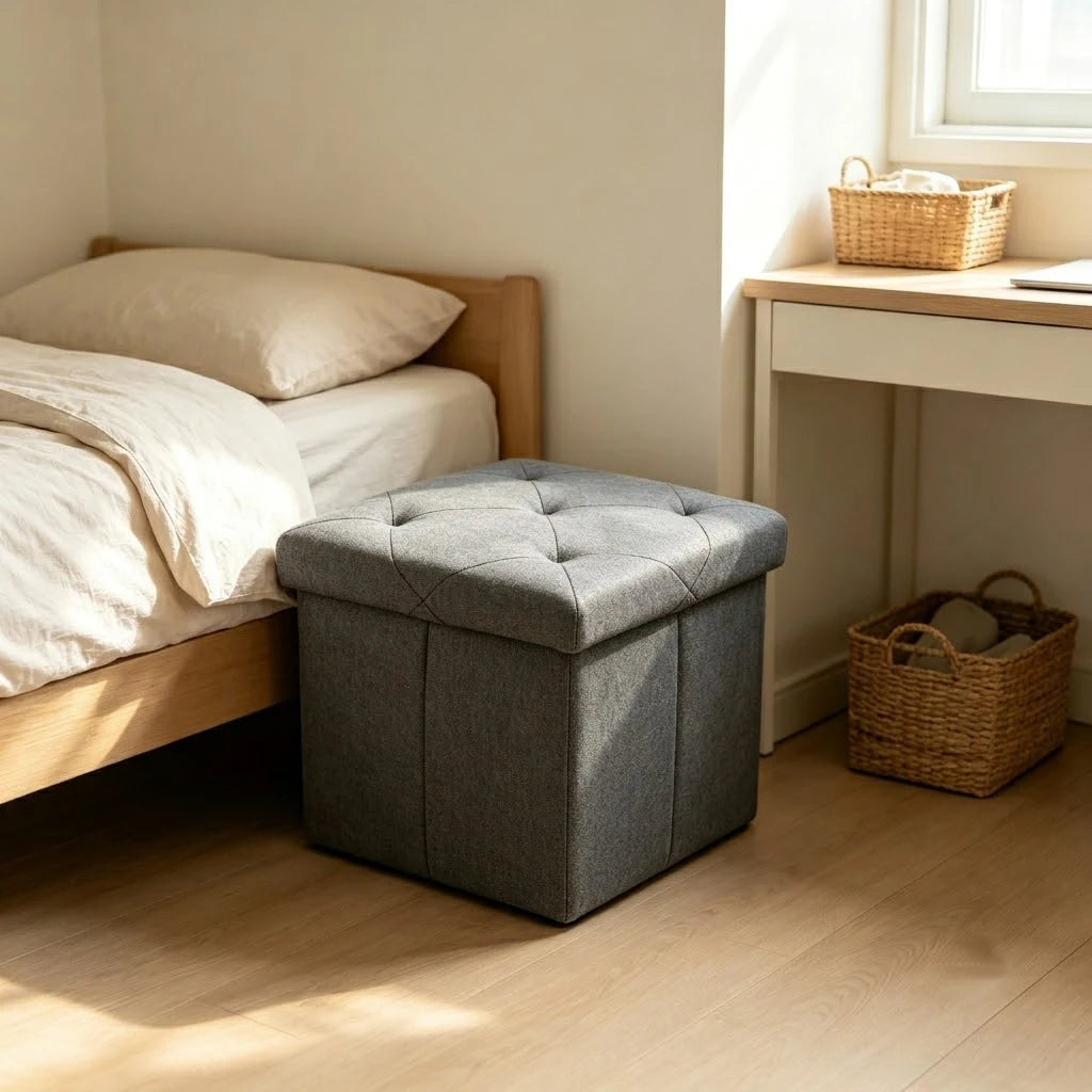 Foldable Storage Ottoman Bench With Tufted Fabric Hidden Compartment