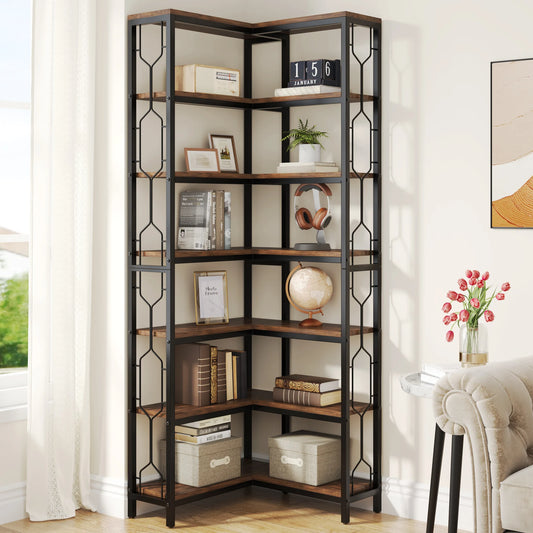 Tribesigns 7 Tier Industrial Corner Bookshelf Wood Metal Etagere