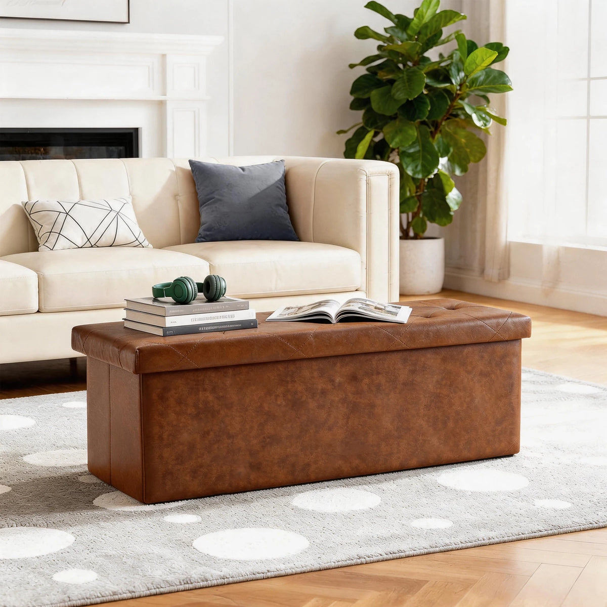 Tufted Faux Leather Folding Storage Bench Ottoman With Lid