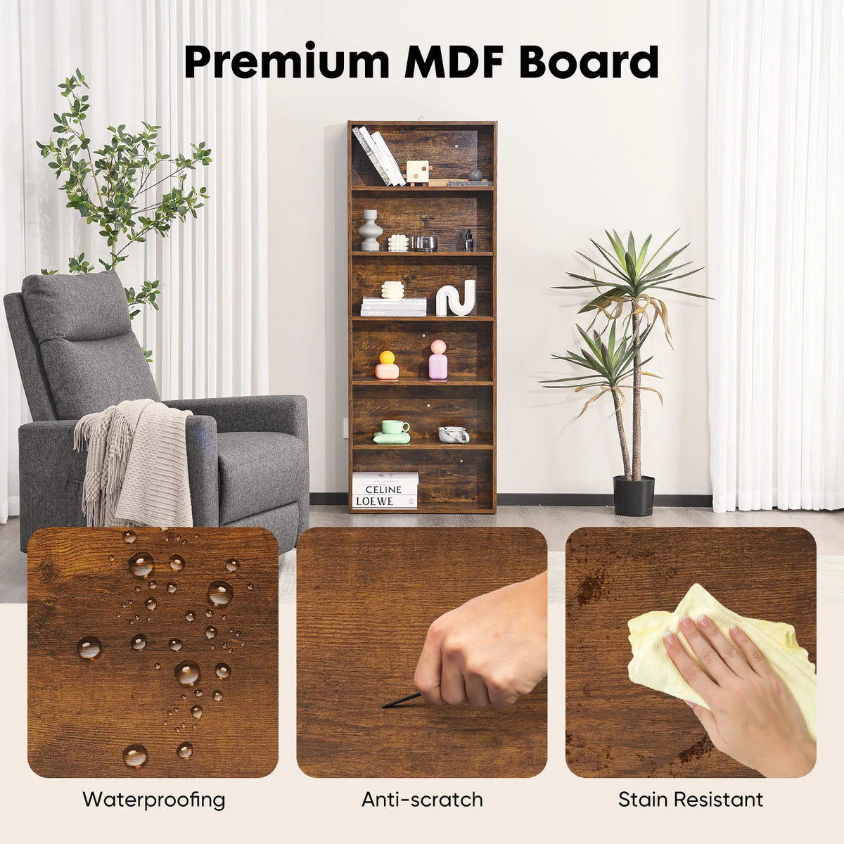 JHK Six Tier Wooden Bookcase For Living Room And Home Office