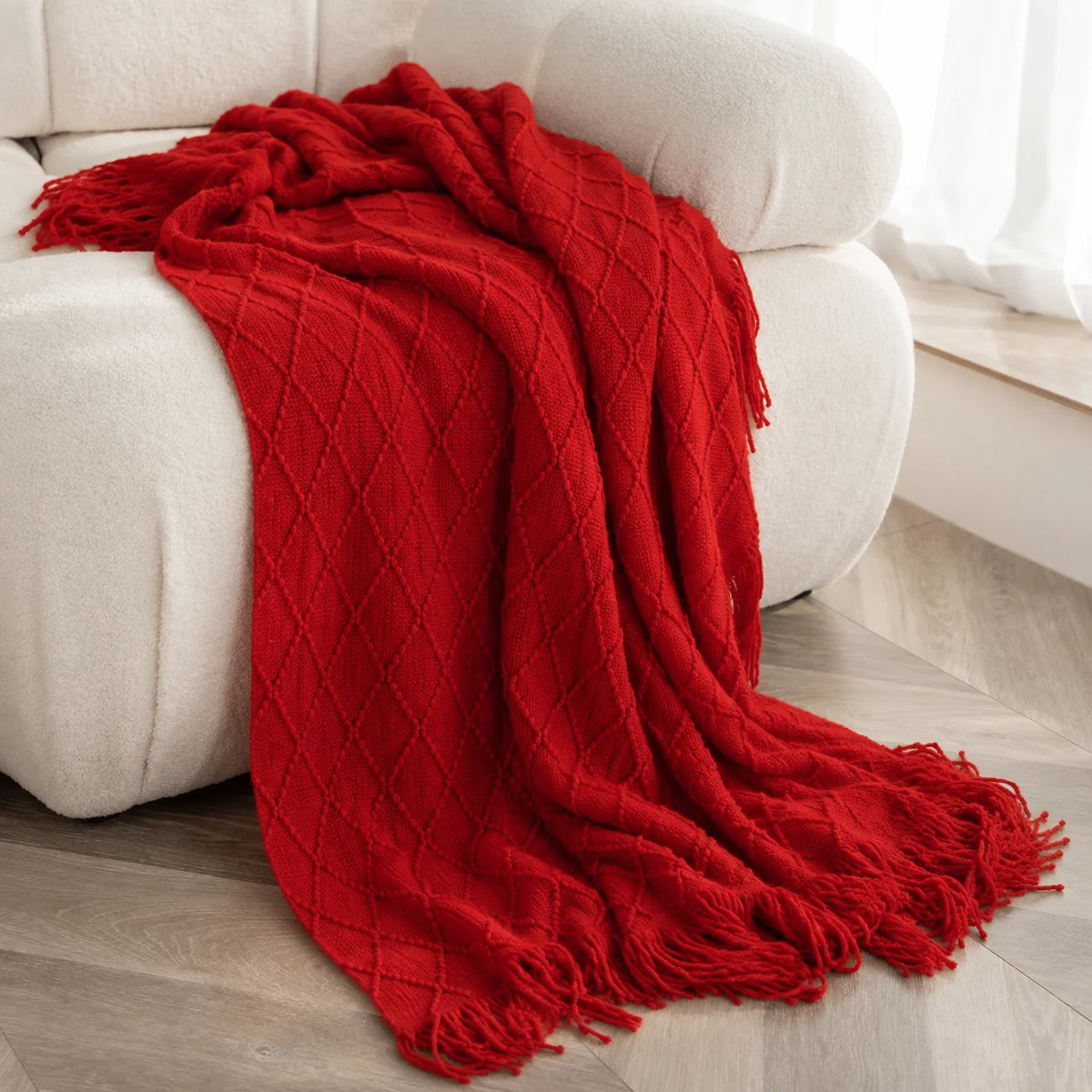 Cable Knit Throw Blanket With Tassel Fringe 100 Percent Acrylic