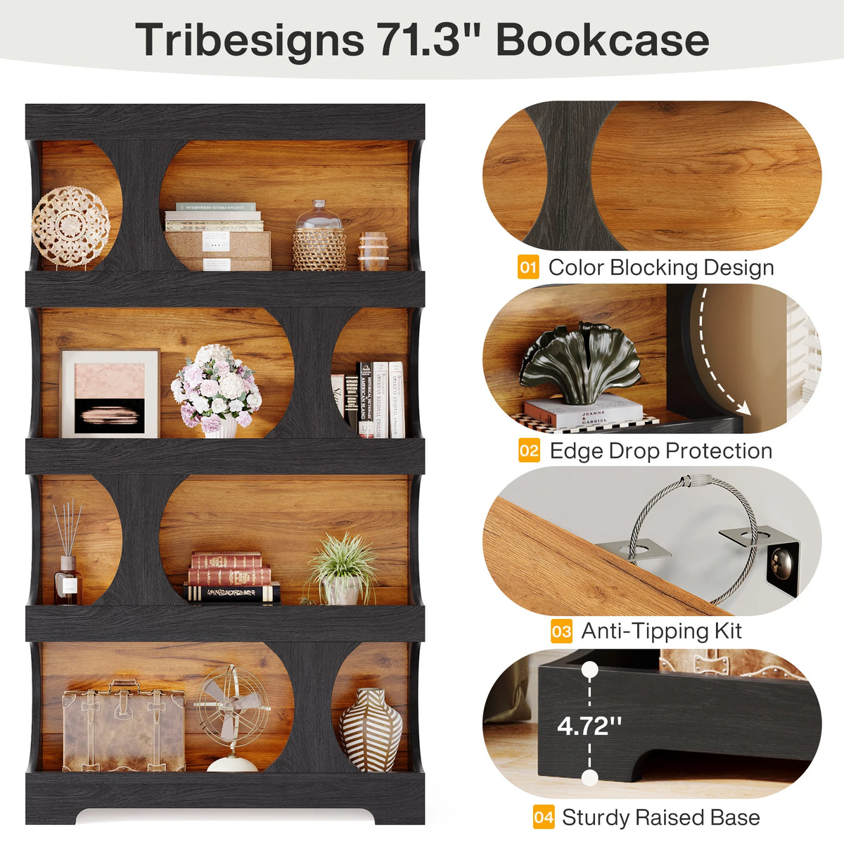 Tribesigns Four Tier Wooden Bookcase And Modern Display Shelf