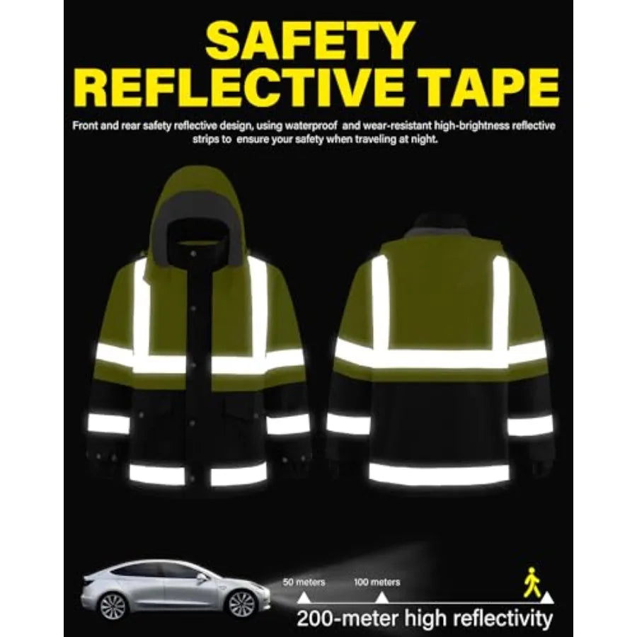 Reflective High Visibility Safety Rain Jacket With Hood For Construction