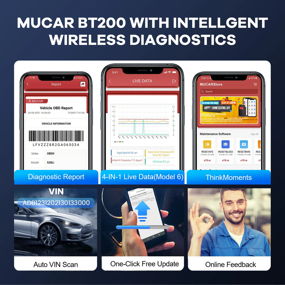 Mucar BT200 Pro OBD2 Bluetooth Diagnostic Scanner For All Cars