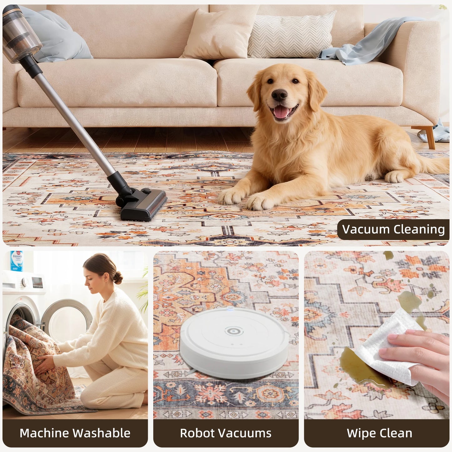 Machine Washable Modern Polyester Area Rug With Rubber Backing