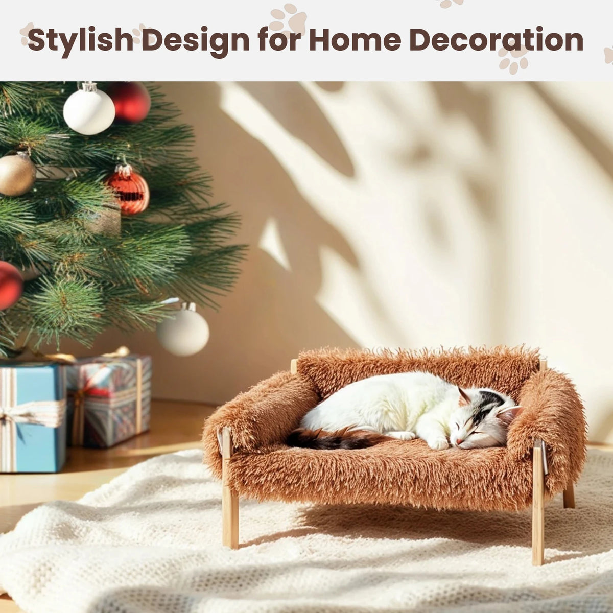 Raised Plush Cat Bed With Wooden Legs For Indoor Use