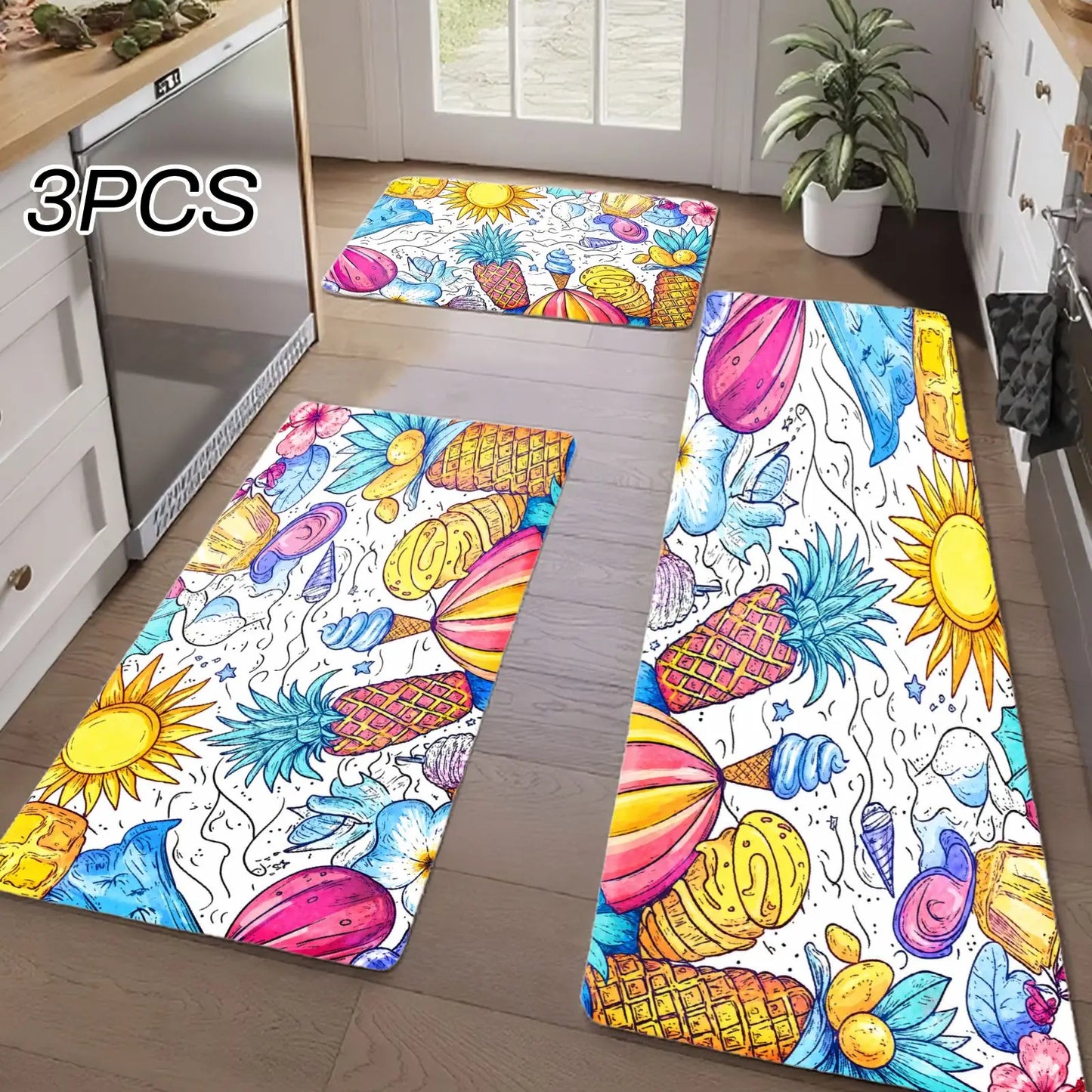 3 Piece Tropical Print Kitchen Rug Mat Set