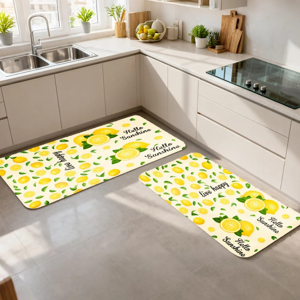 3 Piece Home Decor Mat Set With Lemon Leaf Print Design