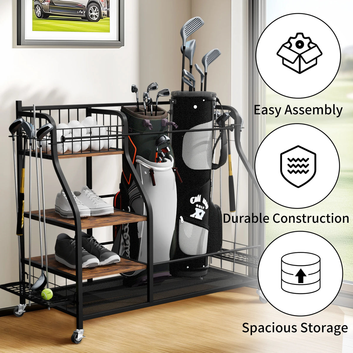 Multi Tier Metal Rolling Golf Bags Storage Organizer Rack