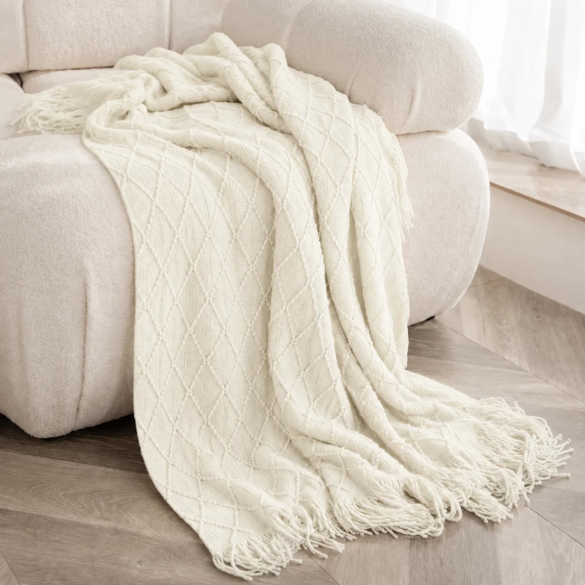 Cable Knit Throw Blanket With Tassel Fringe 100 Percent Acrylic