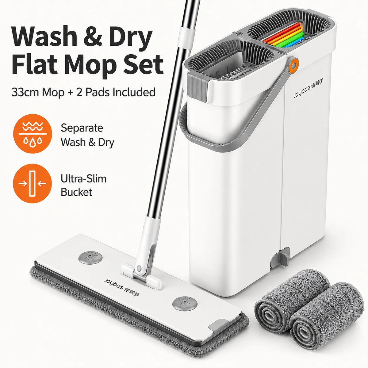 Joybos Ultra Slim Flat Mop With Bucket And Microfiber Pads