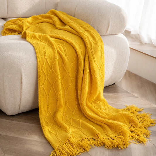 Cable Knit Throw Blanket With Tassel Fringe 100 Percent Acrylic