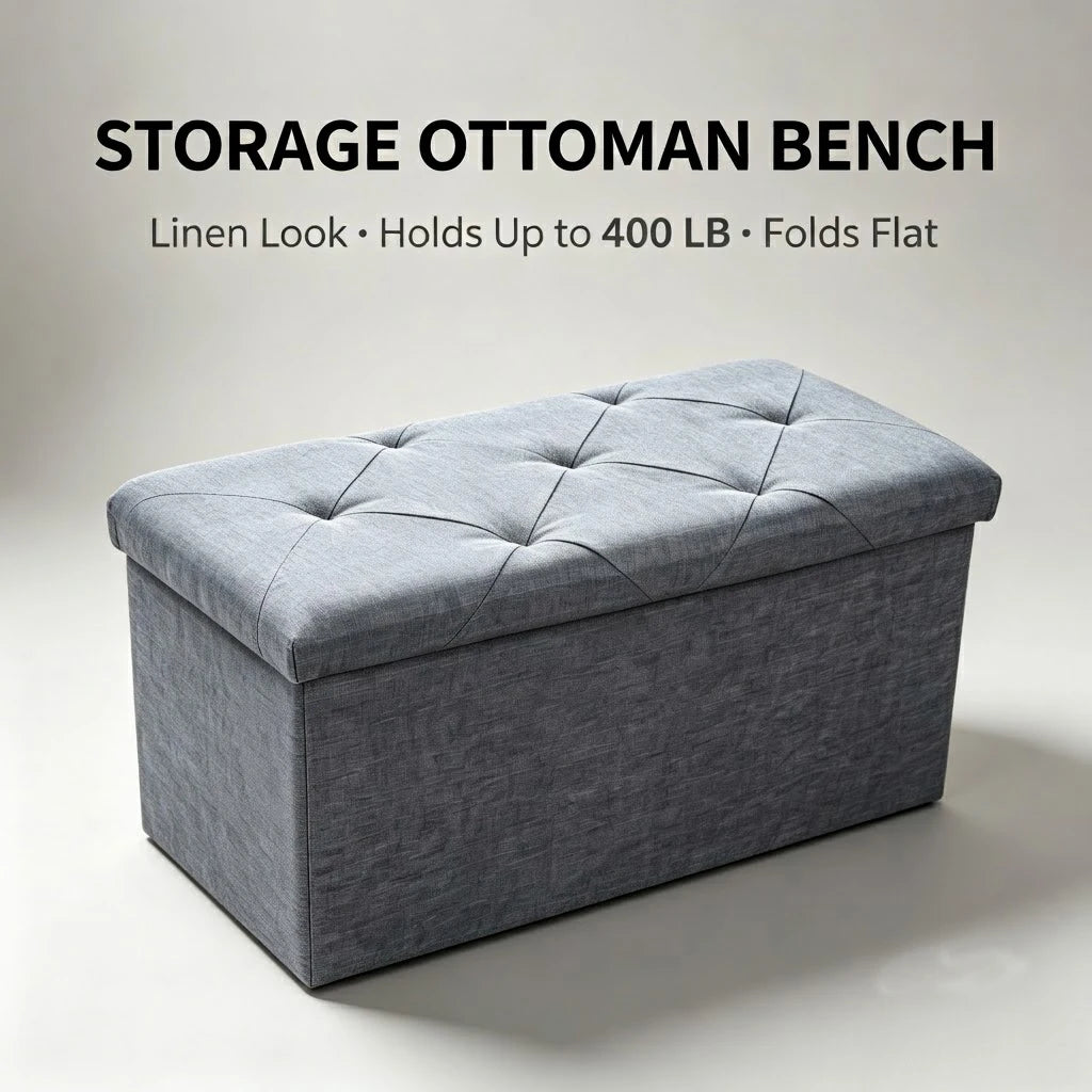 Foldable Storage Ottoman Bench With Tufted Fabric Hidden Compartment