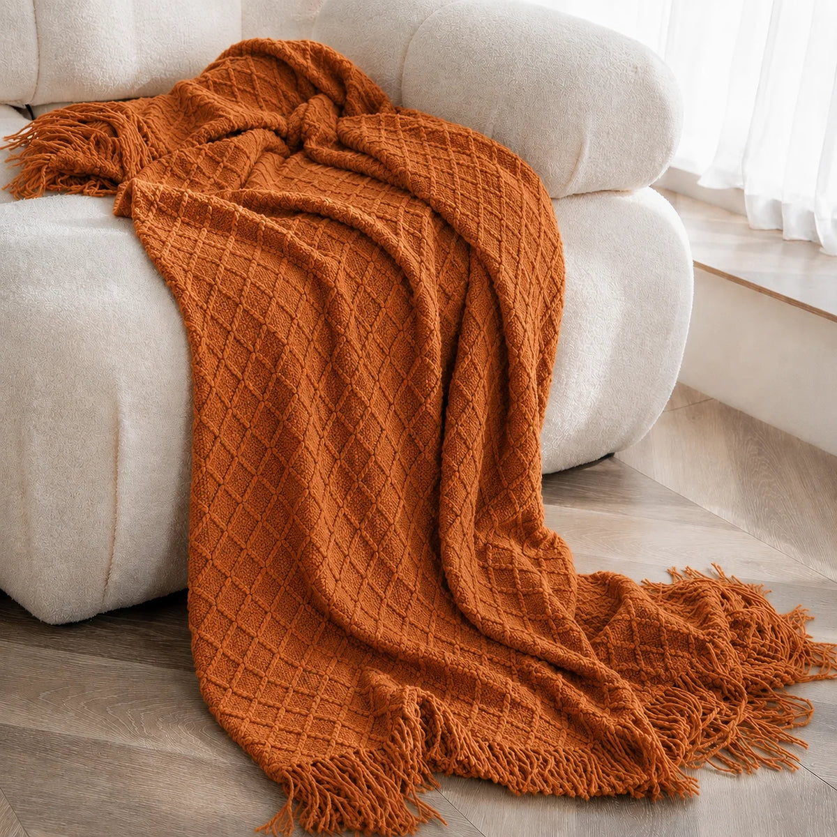 Cable Knit Throw Blanket With Tassel Fringe 100 Percent Acrylic