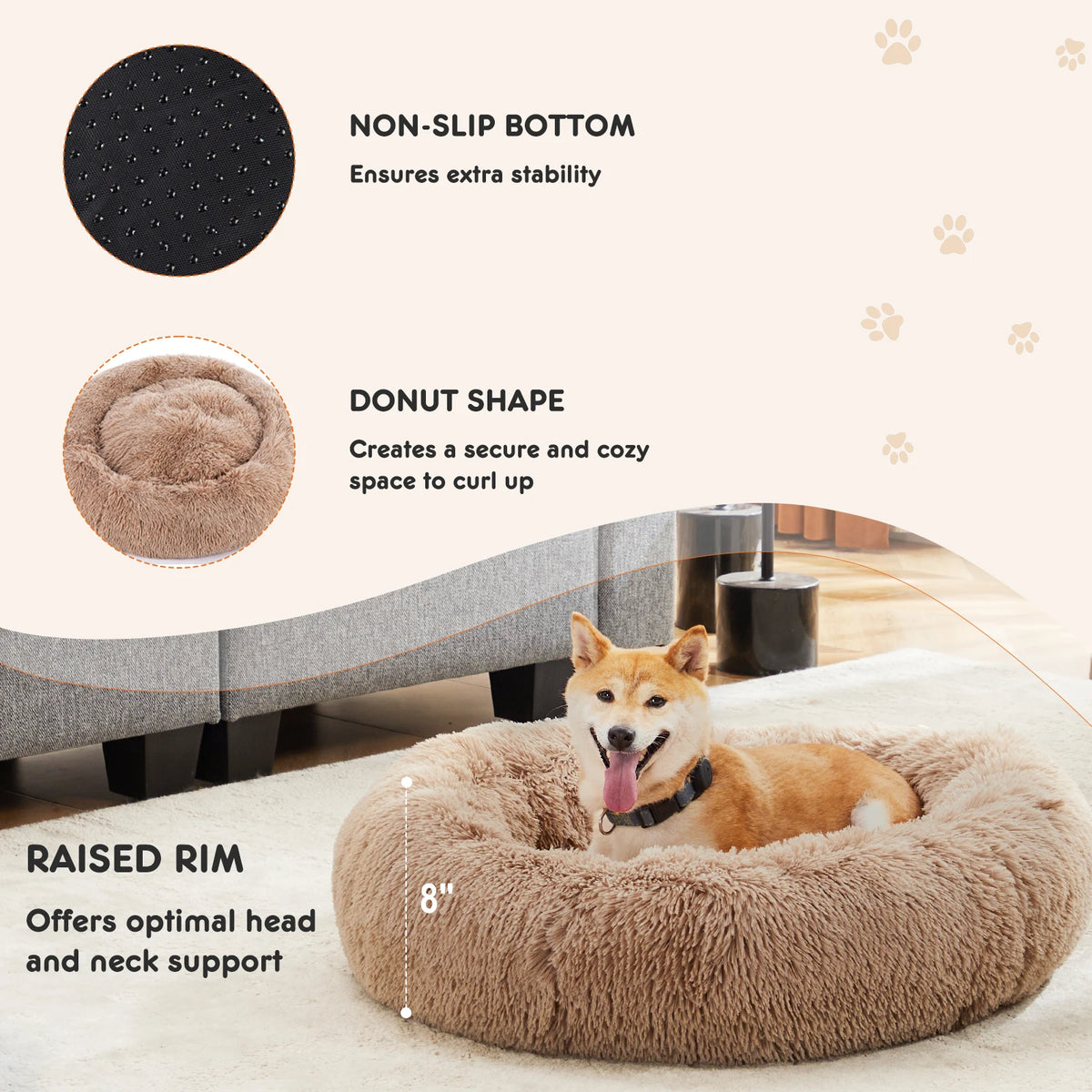 Jhk Calming Washable Round Fluffy Faux Fur Dog Bed