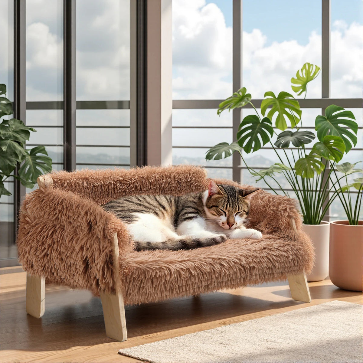 Raised Plush Cat Bed With Wooden Legs For Indoor Use