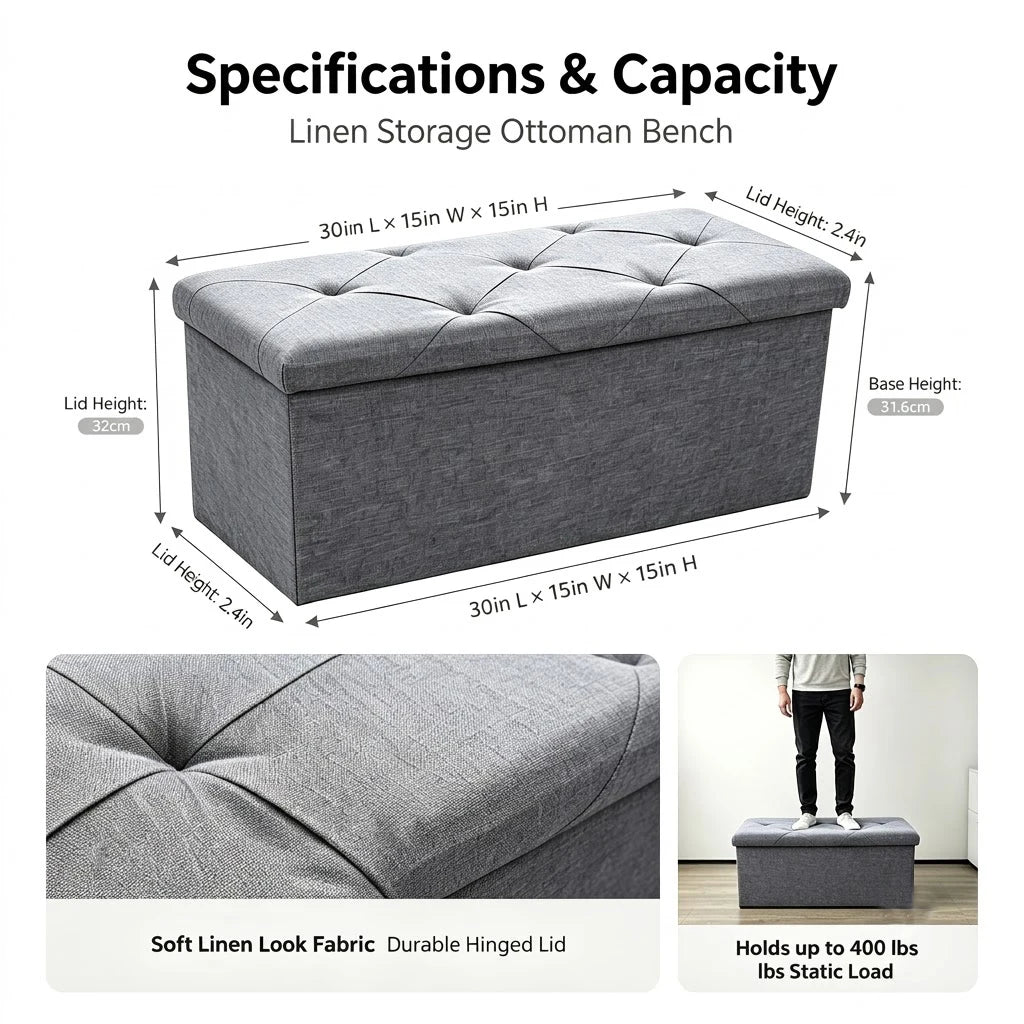 Foldable Storage Ottoman Bench With Tufted Fabric Hidden Compartment