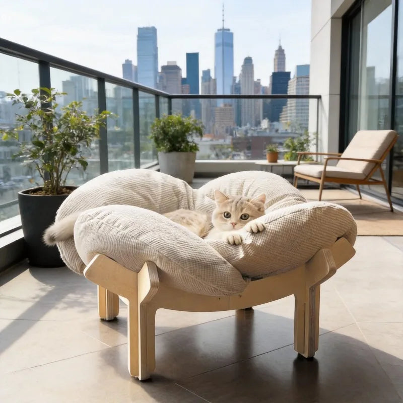 Wooden High Leg Cat Bed With Soft Cushions For Pets
