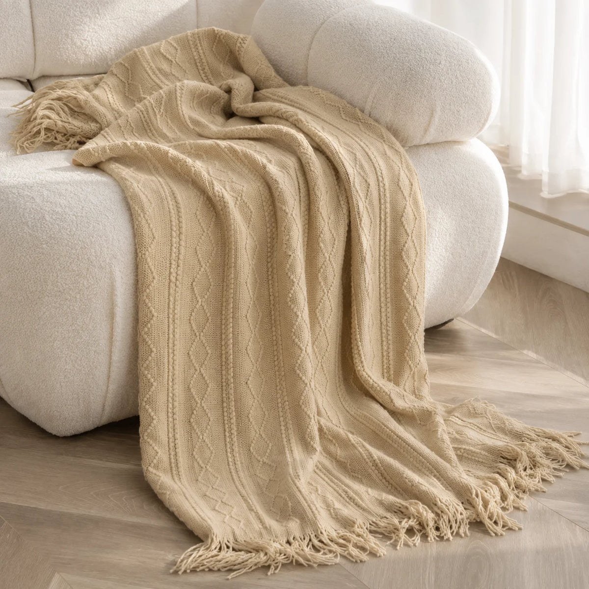 Cable Knit Throw Blanket With Tassel Fringe 100 Percent Acrylic