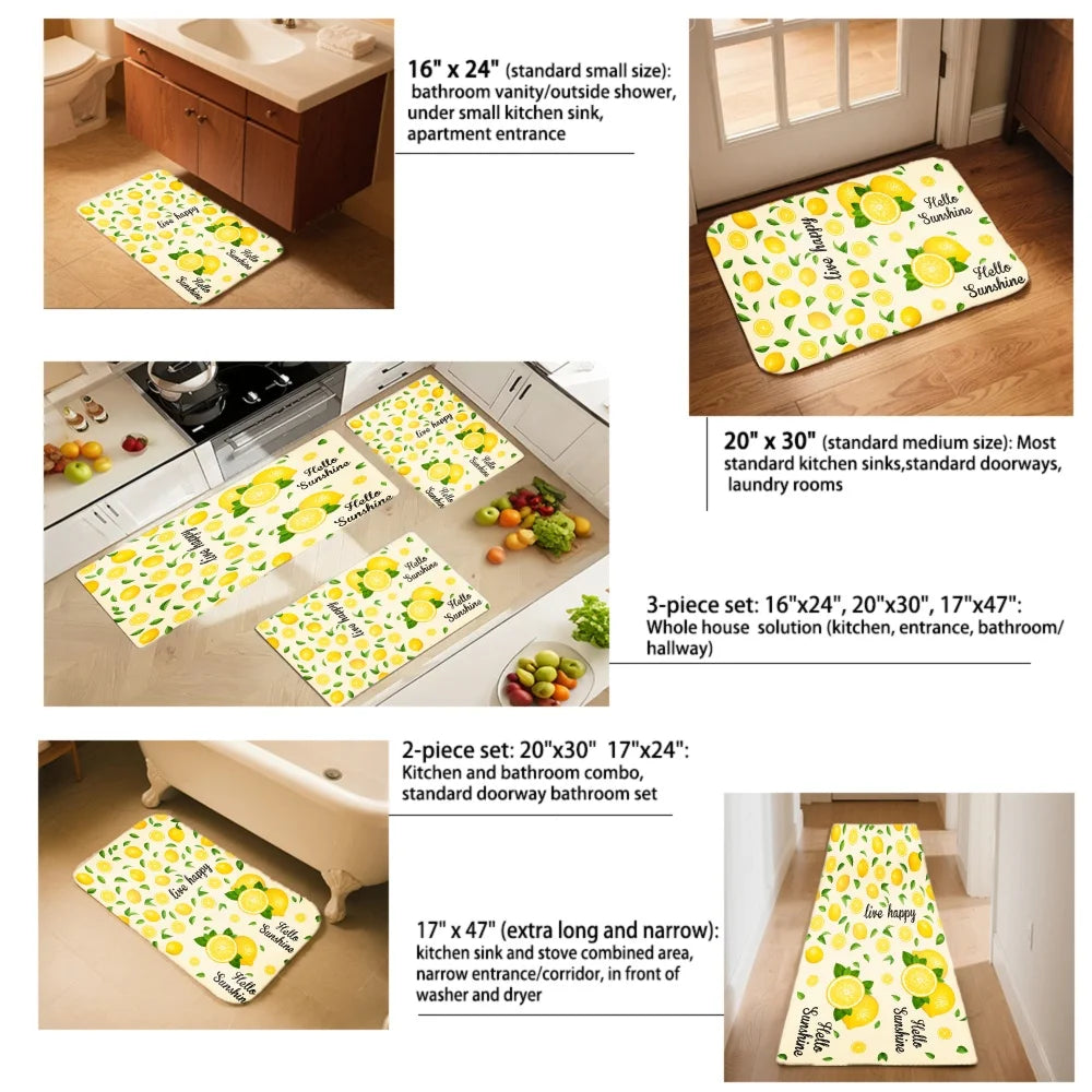 3 Piece Home Decor Mat Set With Lemon Leaf Print Design