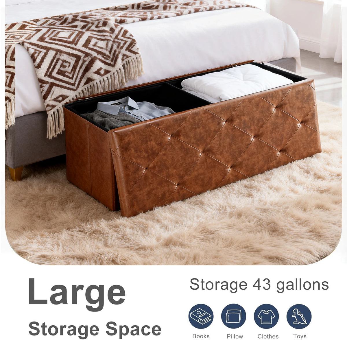 Tufted Faux Leather Folding Storage Bench Ottoman With Lid