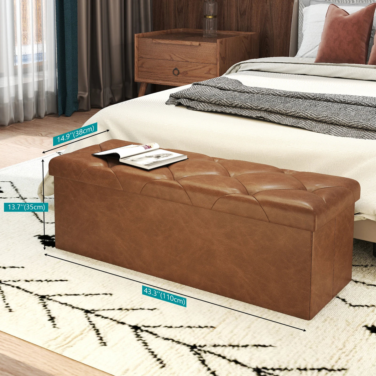 Tufted Faux Leather Folding Storage Bench Ottoman With Lid