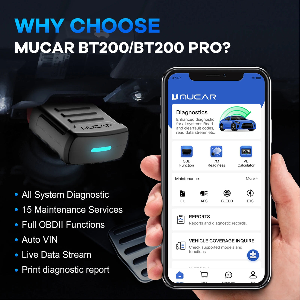 Mucar BT200 Pro OBD2 Bluetooth Diagnostic Scanner For All Cars