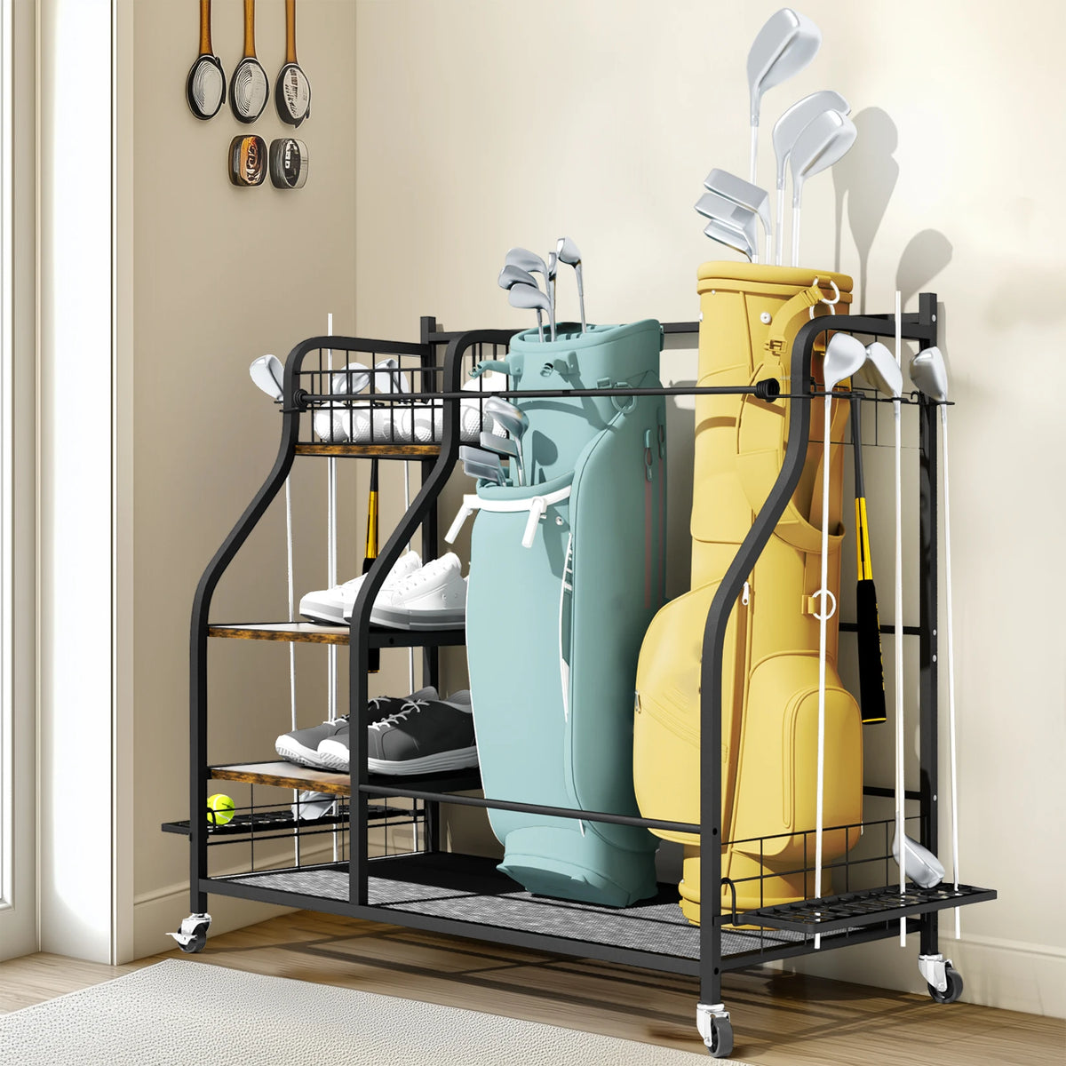 Metal Rolling Golf Bag Storage Rack With Three Tiers