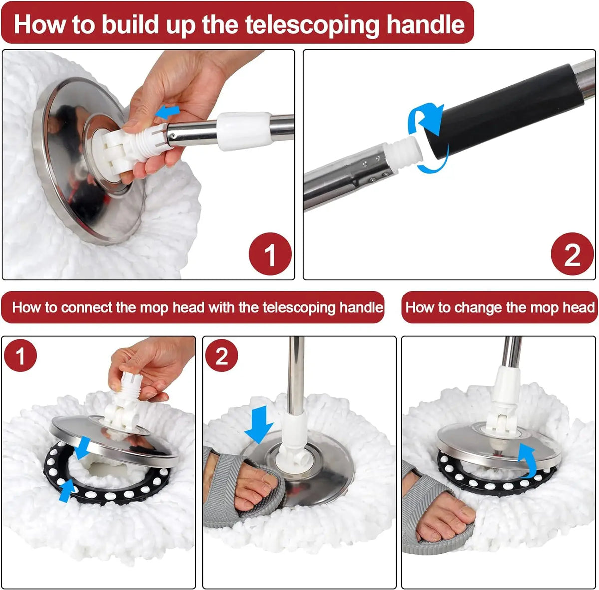 360 Spin Mop Bucket Set With Microfiber Heads And Long Handle
