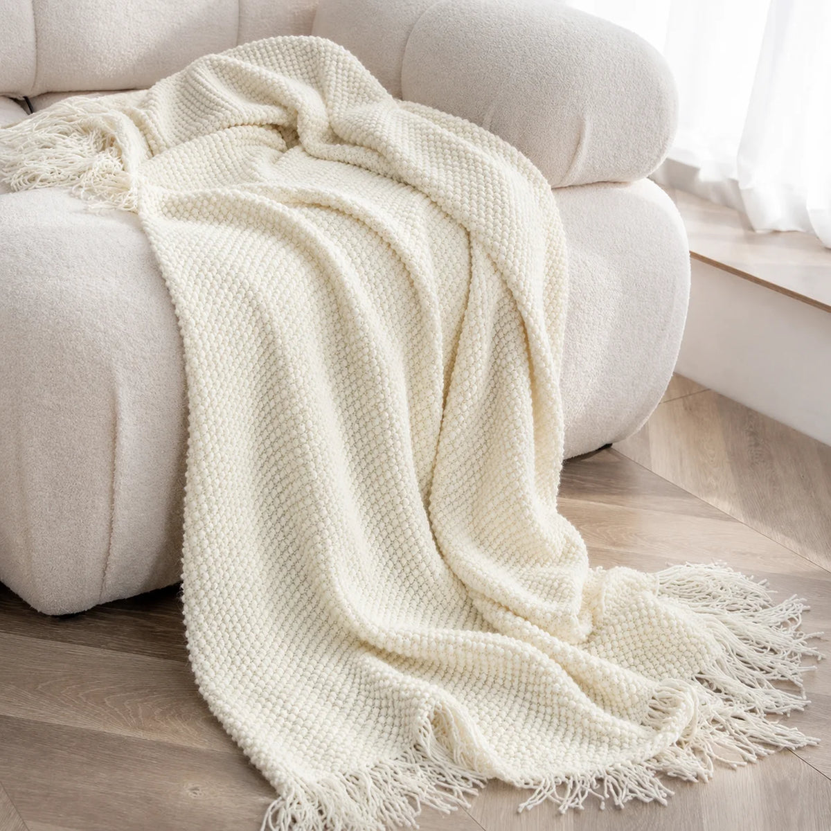 Cable Knit Throw Blanket With Tassel Fringe 100 Percent Acrylic
