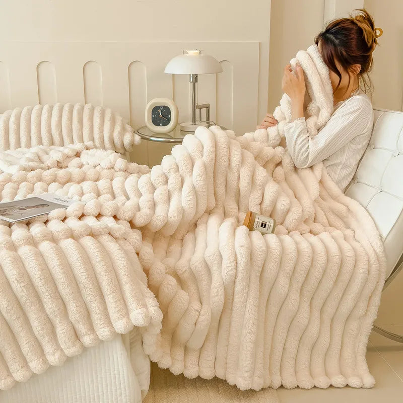 Premium Soft Faux Rabbit Fur Blanket Warm Coral Fleece Throw