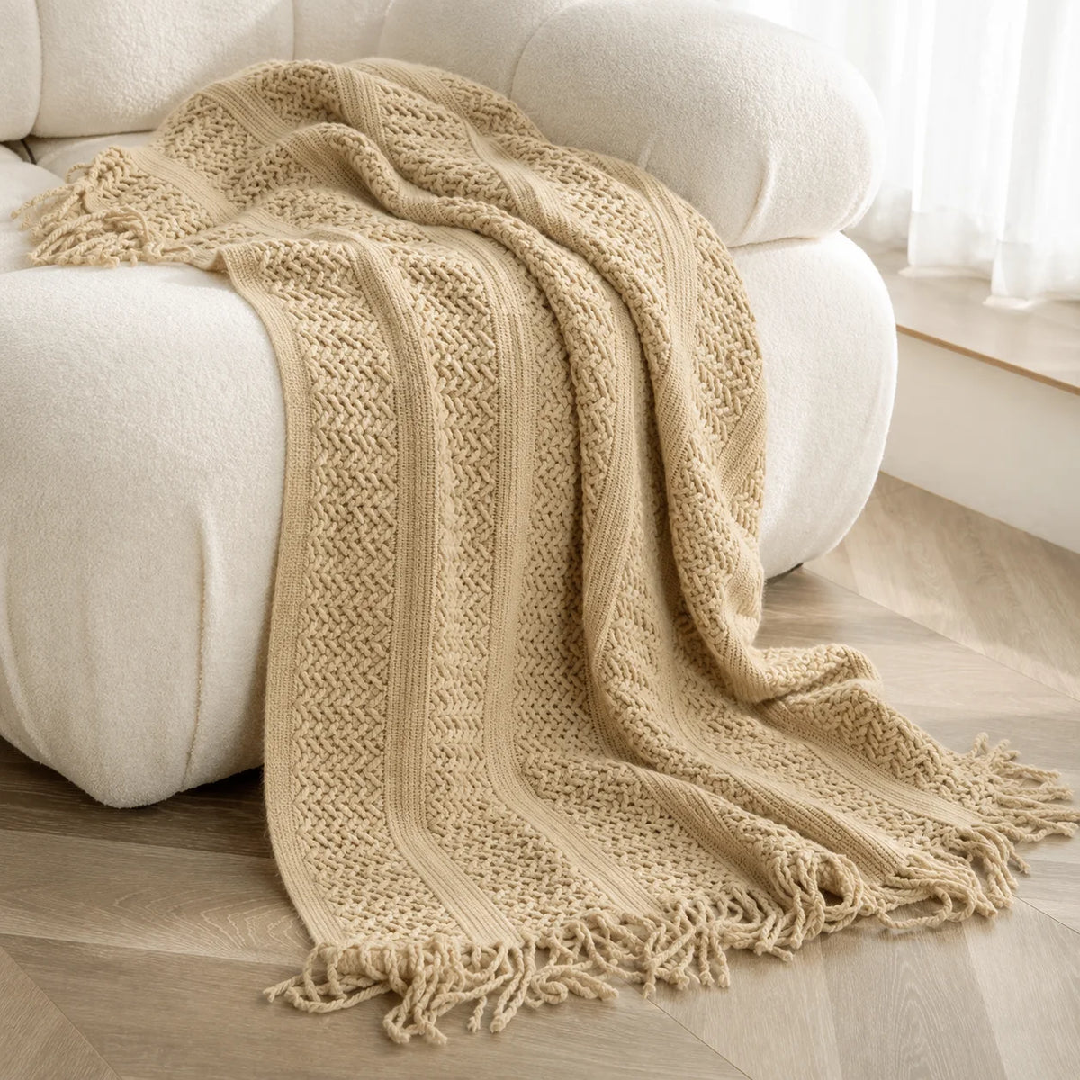 Cable Knit Throw Blanket With Tassel Fringe 100 Percent Acrylic