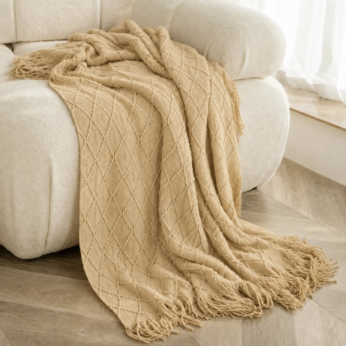 Cable Knit Throw Blanket With Tassel Fringe 100 Percent Acrylic