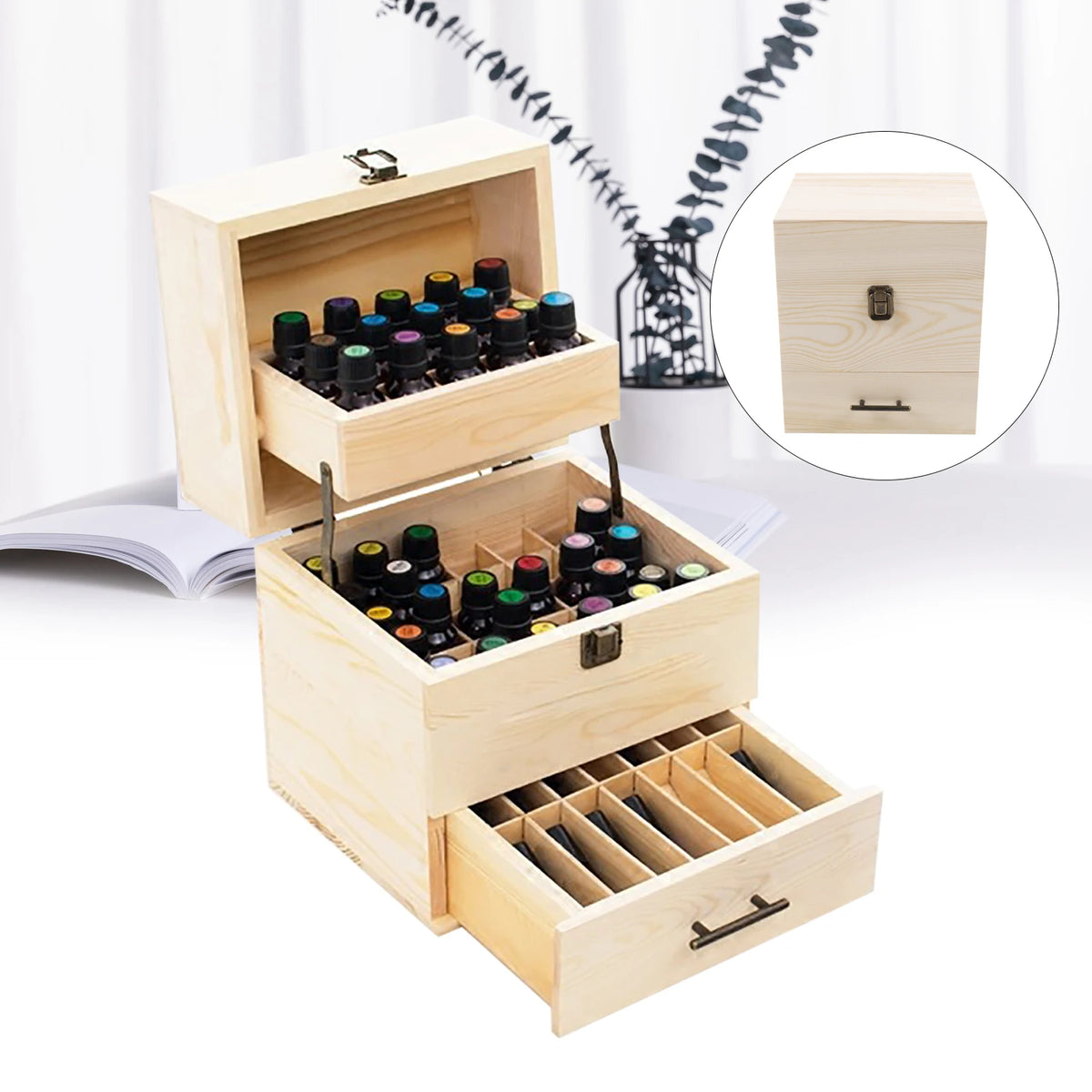 Wood Essential Oil Storage Crate With Fifty Nine Compartments