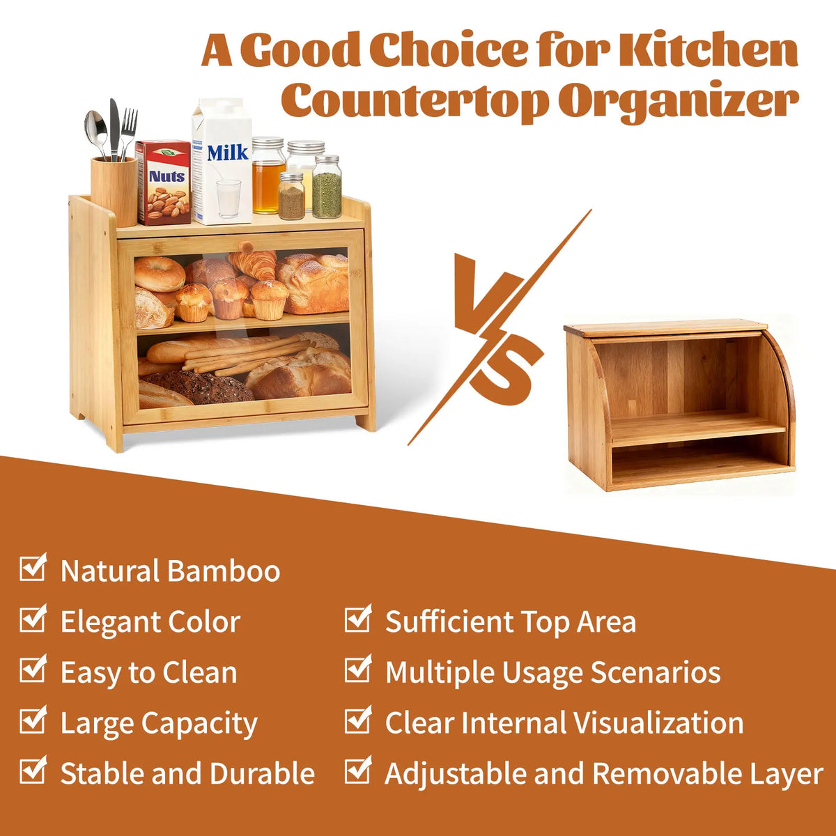 Bamboo Bread Box Kitchen Countertop Storage Container