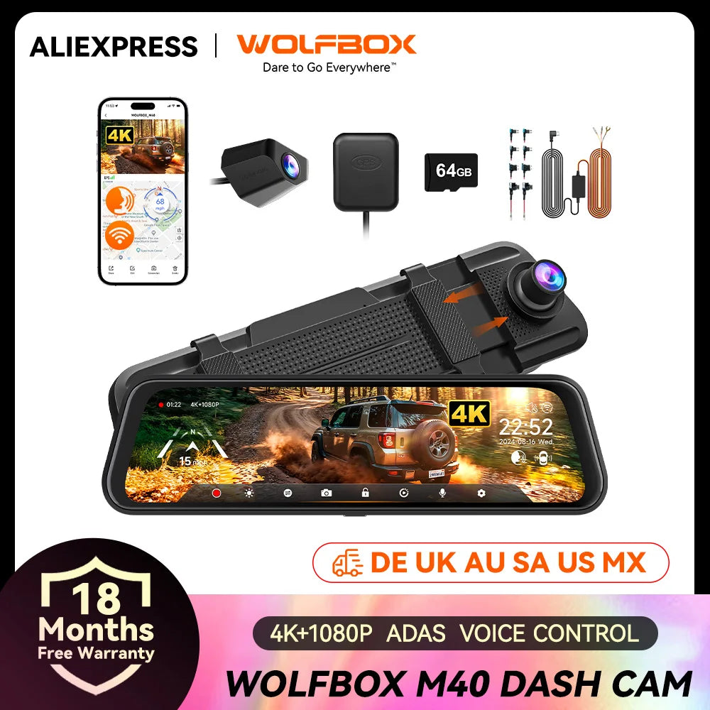 Wolfbox M40 Front Rear Dash Cam With GPS Advanced Safety