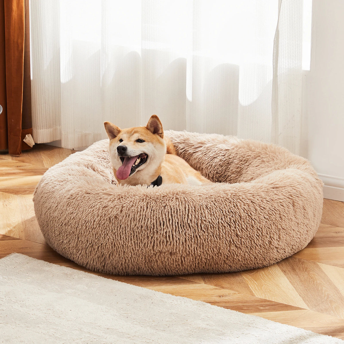 Jhk Calming Washable Round Fluffy Faux Fur Dog Bed