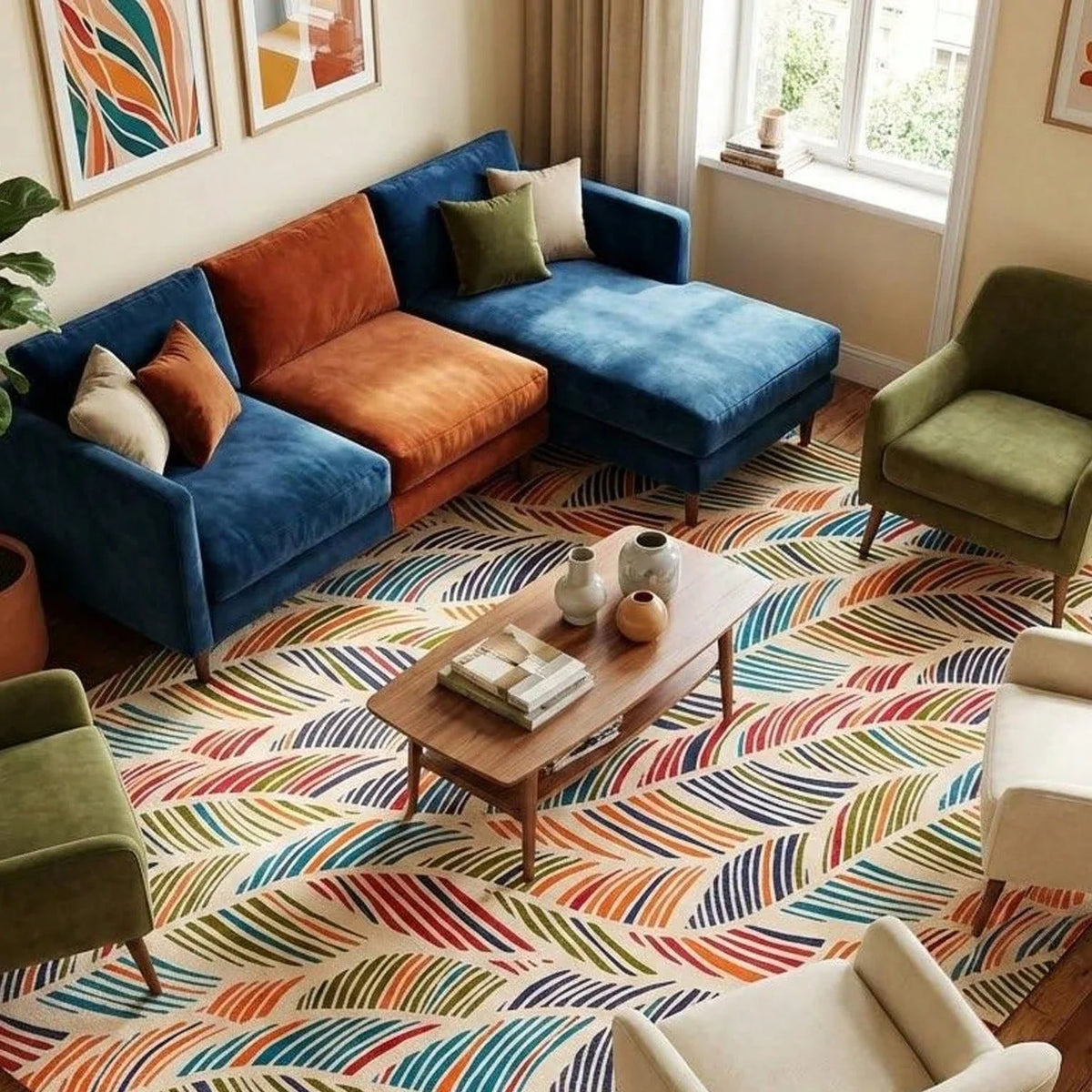 Boho Mid Century Modern Leaf Pattern Living Room Carpet