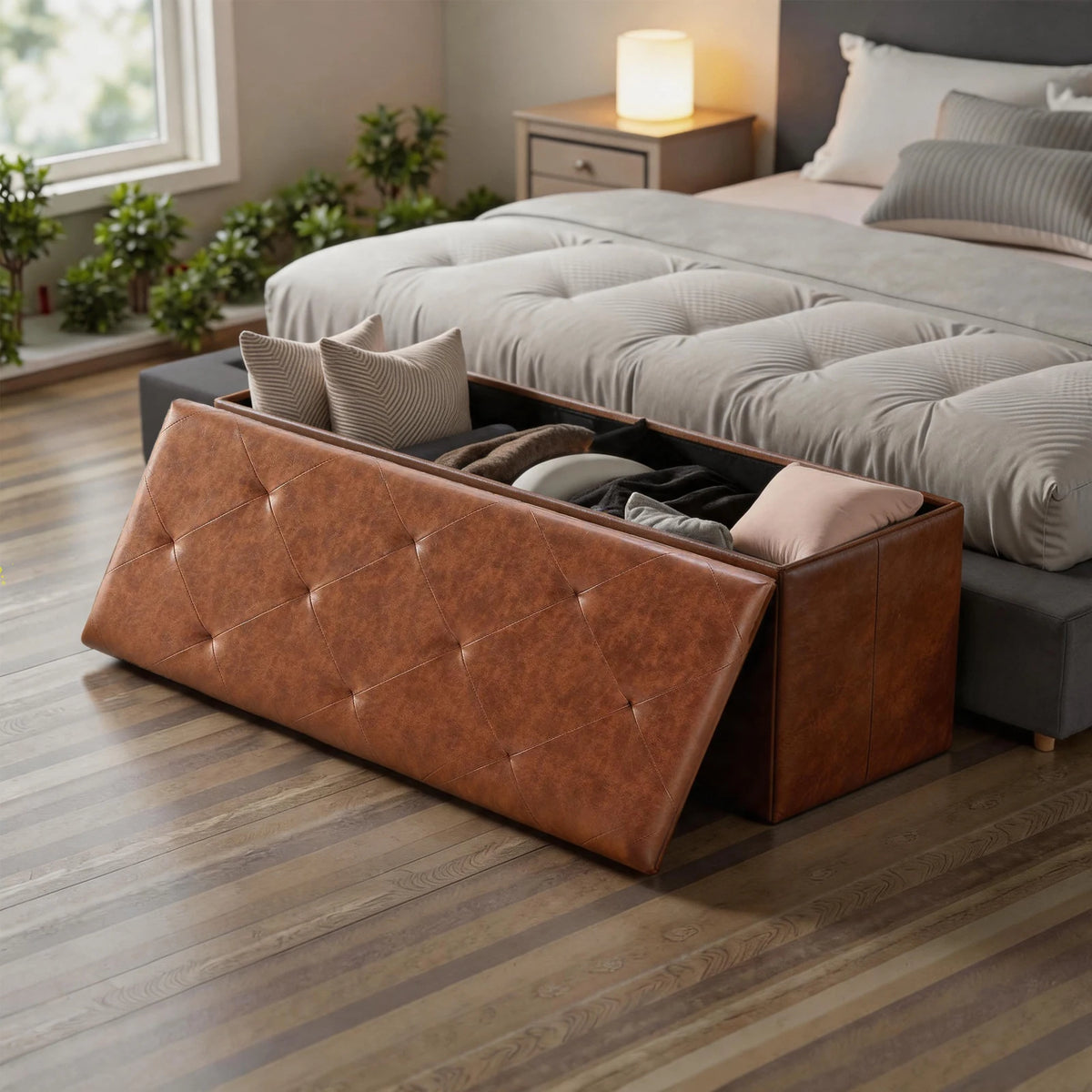Tufted Faux Leather Folding Storage Bench Ottoman With Lid