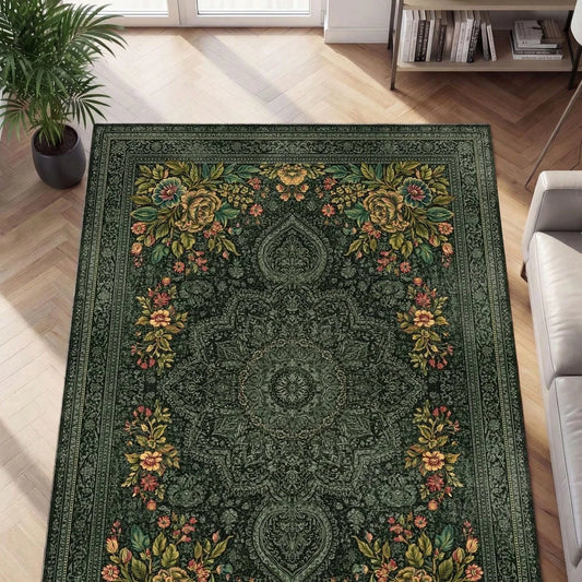 Washable Vintage Persian Floral Polyester Carpet For Living Room